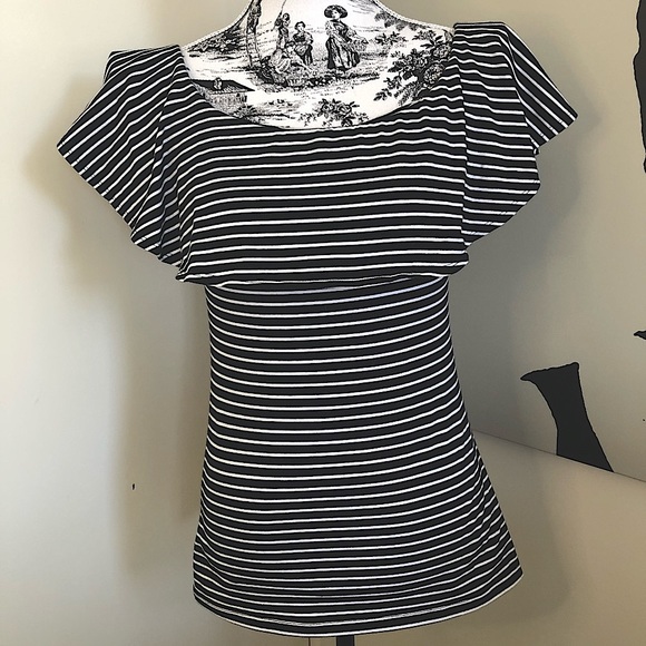 SEED Black/White Stripe Ruffle Off Shoulder Top Casual Cotton Stretch Size S - Picture 3 of 13